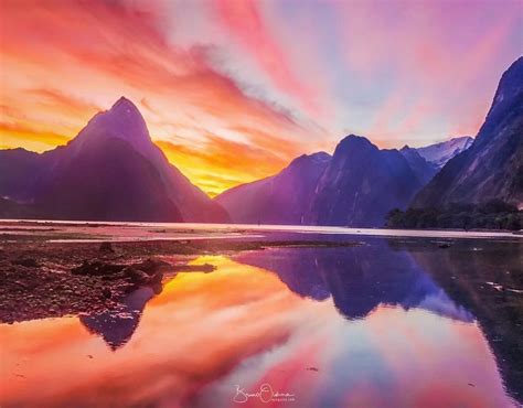 A Breathtaking Sunset In Milford Sound New Zealand Milford Sound Is