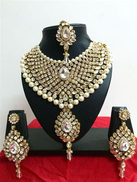 Indian Bollywood Diamante Kundan Pearl Gold Tone Bridal Fashion Jewelry Set