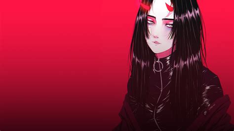 Drawn Women Demon Horns Horns Black Hair Long Hair Red Digital Art