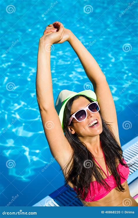 Joyful Woman On Summer Vacation At Swimming Pool Stock Photo Image Of