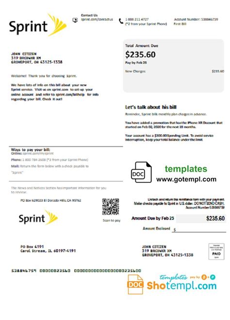 Usa Sprint T Mobile Utility Bill Template Bill Template Doctors