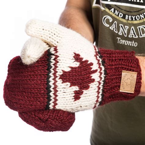 Hand Knitted Mittens With Maple Leaf