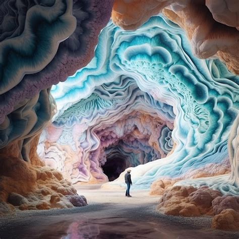 Premium Ai Image A Man Stands In A Cave With A Blue And Green Ocean Wave