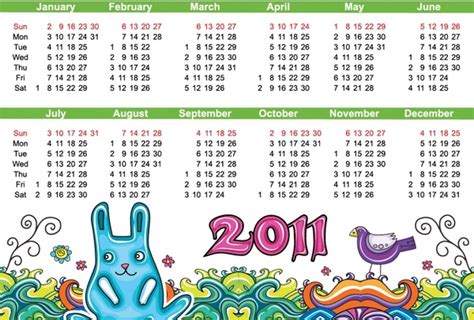 2011 Calendar Template Nature Theme Colorful Handdrawn Sketch Vectors