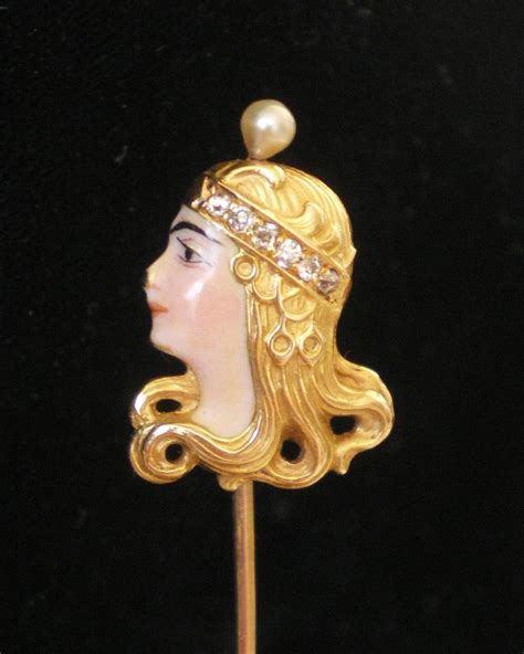 Rare Art Nouveau 18k Gold Diamond Enamel Pearl Stickpin Gold Diamond
