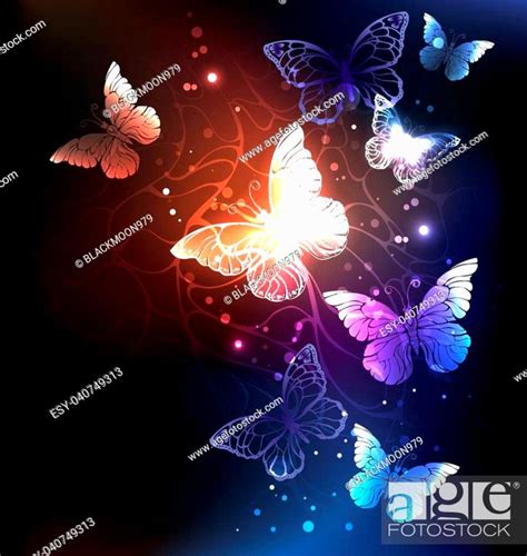 Night Glowing Butterflies On A Dark Abstract Background Night