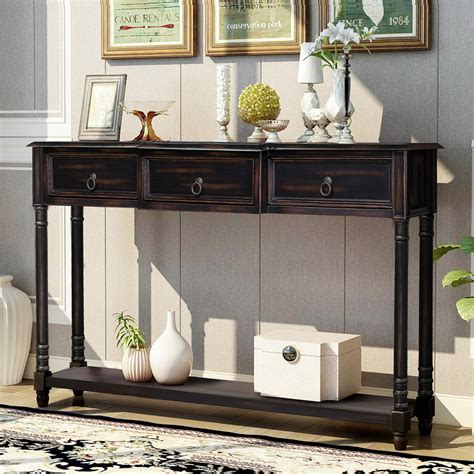 Narrow Long Console Table Wood Buffet Sideboard With 3 Storage Drawers And Shelf Sofa Table