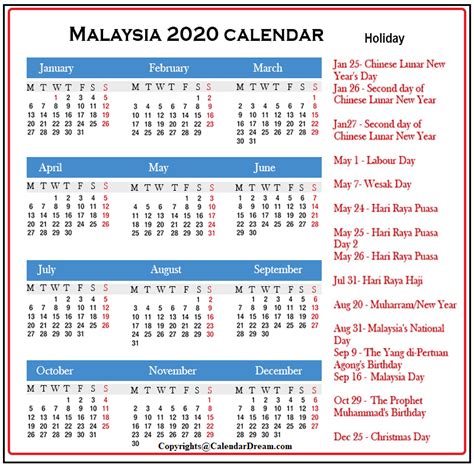 Free 2020 Printable Malaysia Calendar With Holidays Pdf Calendar Dream