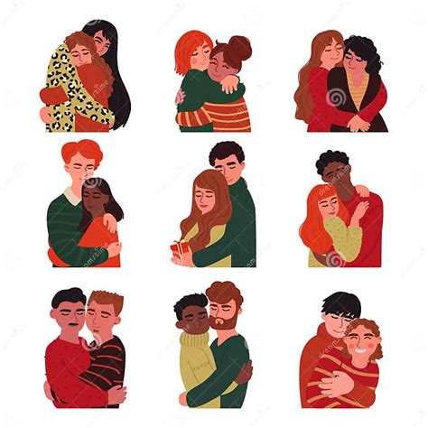 Set Of Couples Young People Hugging Traditional Same Sex Couples Multinational Couples Stock