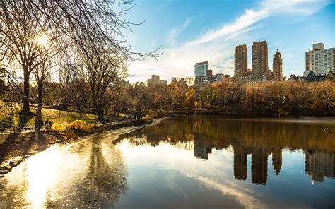 Buildings Lake Reflection Trees Sunlight New York