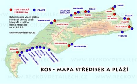 Kos mapa s vyznačním středisek a pláží Řecko v detailech