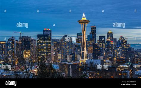 Seattle City Skyline At Dusk Downtown Seattle Cityscape At Night Stock