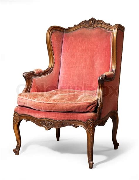 I've wanted a wooded high chair for awhile and finally got around to creating this one. Old antique carved red upholstered wing ... | Stock Photo ...