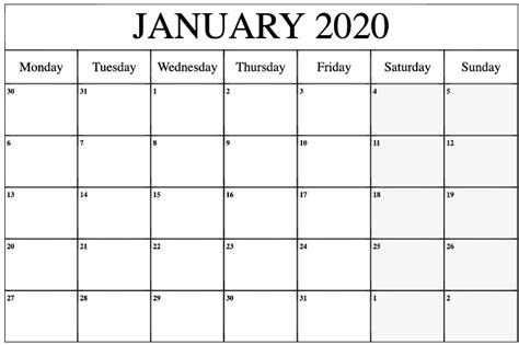 Editable January 2020 Calendar Printable Template With Holidays