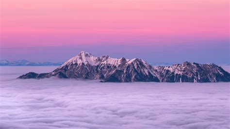 Nature Landscape Mountains Photography Clouds Snowy Peak Sunset