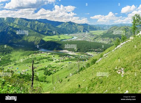 View Of Chemal Village Katun River And Chemal River From Mountain