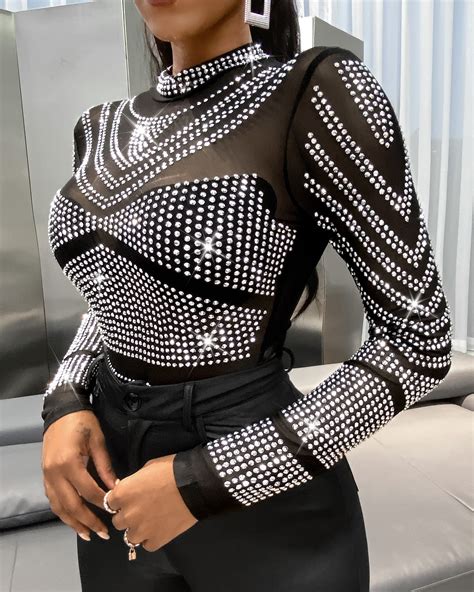 Studded Sheer Mesh Cutout Back Top Online Discover Hottest Trend