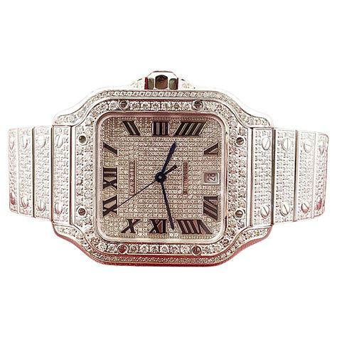 Cartier Santos Mens 40mm Large Model Steel Watch Roman Iced Out 12ct