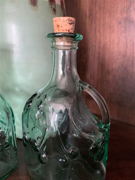 pair vintage green glass bottles etsy