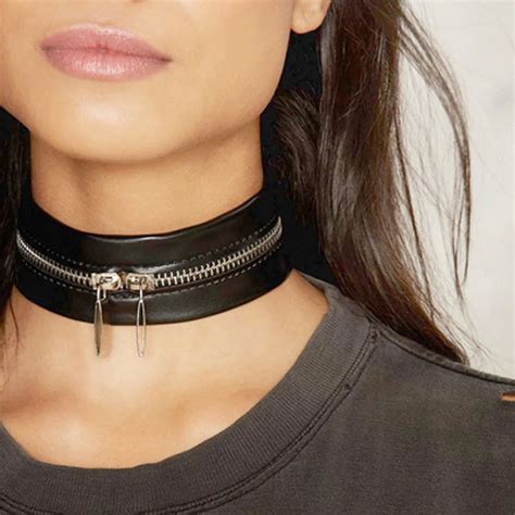 Black Leather Choker Necklace Fashion Chokers 2019 Metal Zipper Chocker