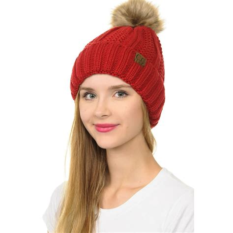 C C C C Yj 820 Thick Cable Knit Hat Faux Fur Pom Pom Fleece Lined Cuffed Beanie Red Walmart
