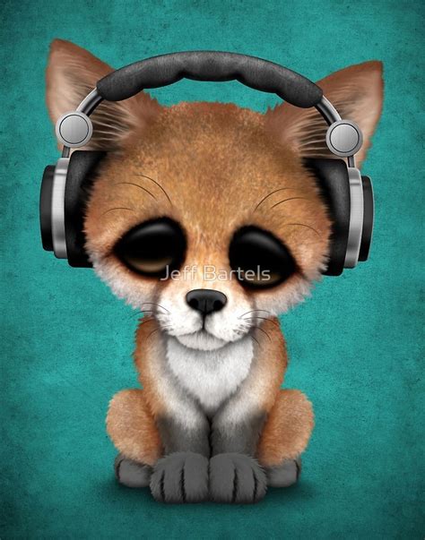 Cute Red Fox Cub Dj Wearing Headphones On Blue By Jeff Bartels Cute