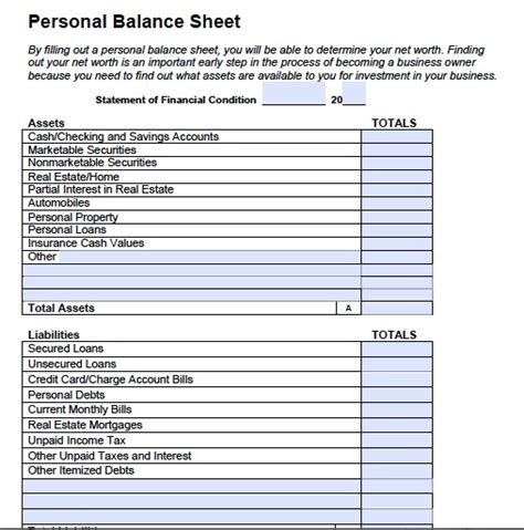 Personal Balance Sheet Template Playbestonlinegames