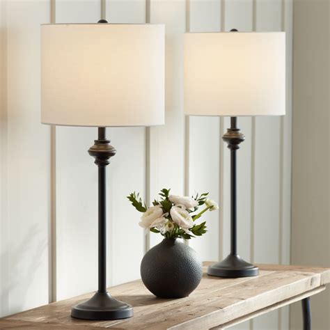 360 Lighting Lynn Modern Buffet Table Lamps Set Of 2 26 Tall Black Metal White Fabric Drum