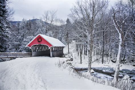 Covered Bridge Snowfall In Rural New Hampshire Stock Photo Image Of
