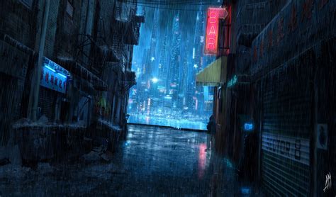 523727 Night Cyberpunk Rain Futuristic Wallpaper Mocah Hd Wallpapers