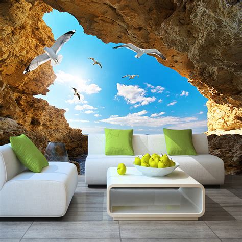 Custom Murals Wallpaper 3d Sky Clouds Seagulls Cave Bvm Home