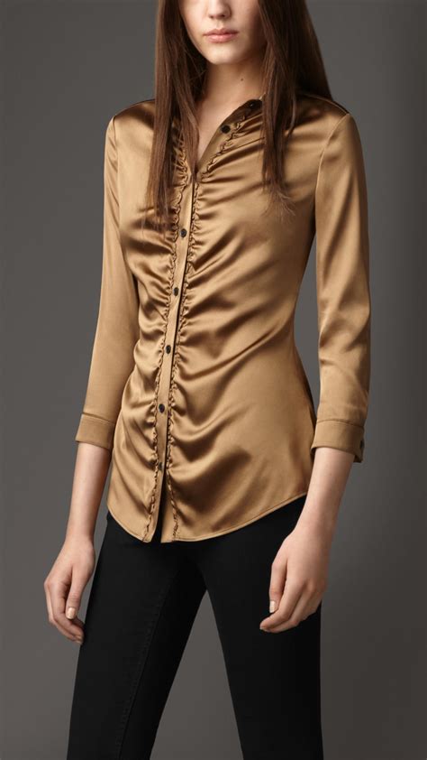 Lyst Burberry Ruched Stretch Silk Shirt In Brown