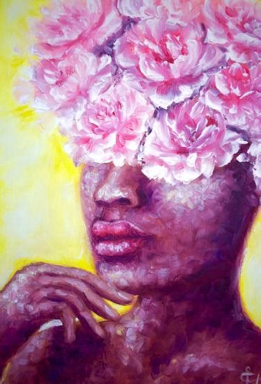 Peony Flowers Head African Woman Oil Portrait Print On Large Canvas