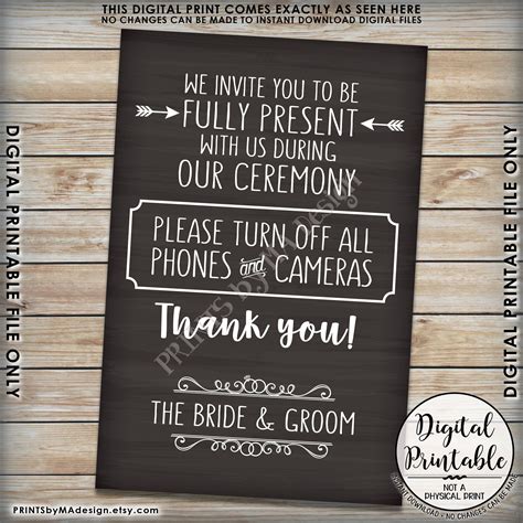 Unplugged Ceremony Sign No Phones Or Cameras Unplugged Wedding Sign