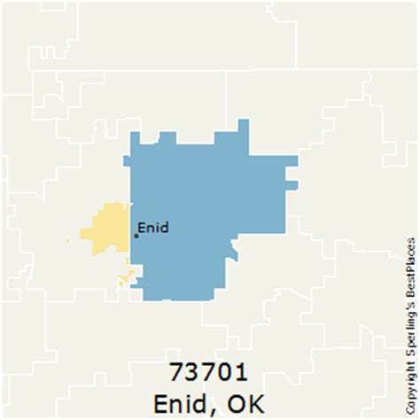 The average area for zip codes in oklahoma is 106.8 sq mi with the largest being 73933 in boise city at 1,042.5 sq mi and the smallest being 74477 in wagoner at 966,745 sq ft. Best Places to Live in Enid (zip 73701), Oklahoma
