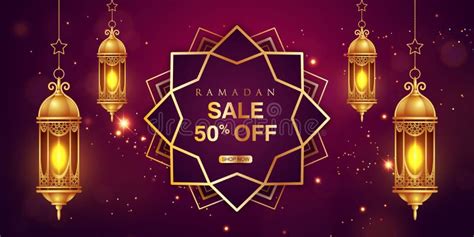 Ramadan Sale Horizontal Banner With Realistic Golden Lanterns And