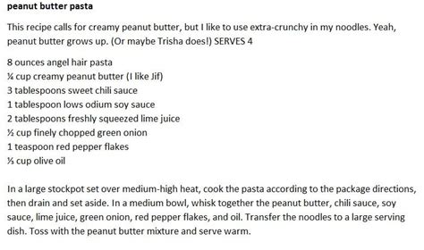 Check out our peanutbutter cookies selection for the very best in unique or custom, handmade pieces from our печенье shops. peanut butter pasta (trisha yearwood) | Peanut butter ...