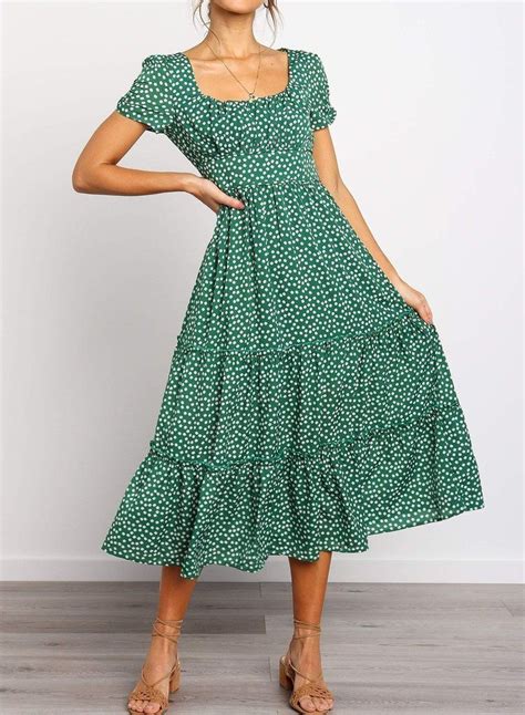 Square Neckline Short Sleeve Floral Ruffled Midi Dress Midi Ruffle Dress Modest Dresses Maxi