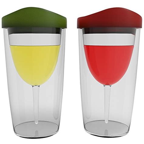wineova plastic wine glasses with lid 10 ounze set of 2 with red and green drink through lid