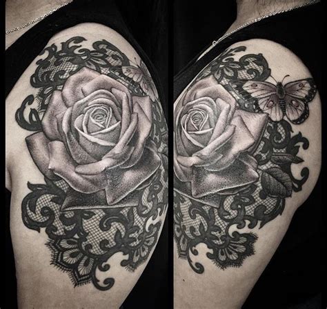 Black And Grey Rose And Lace Tattoo By Christina Ramos At Memoir Tattoo