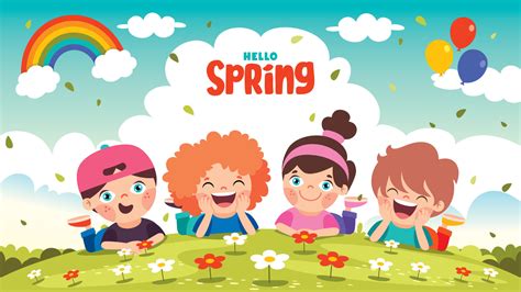 Temporada De Primavera Con Niños De Dibujos Animados 13474339 Vector En