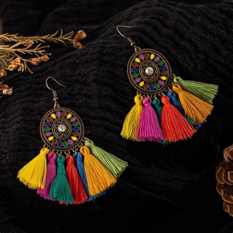 colorful dangle drop tassel earrings for women female boho bohemian