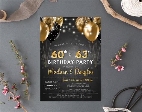 Dual Joint Birthday Invitation Black Gold Glitter Sparkle Etsy