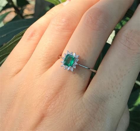 038ct Emerald Halo Diamond Promise Ring For Her Genuine Emerald