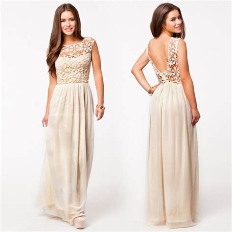 Beigecream Prom Dress With Sheer Lace Top A Line Chiffon Skirt Bateau