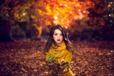 Women Fall Leaves Yellow Dress Women Outdoors Wallpapers Hd