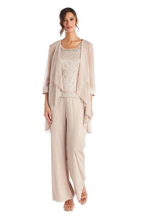 R M Richards Petite Three Piece Pant Set With Lace Pearl Detail And