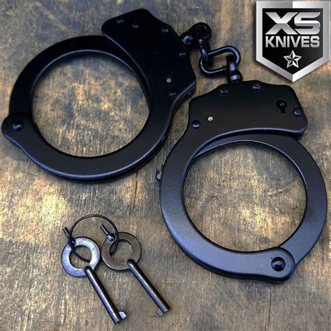 Real Police Handcuffs Double Lock Professional Black Steel Hand Cuffs W Keys Ebay