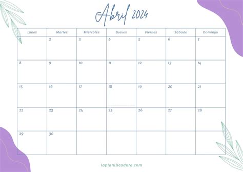 Calendarios Abril 2024 💜 Para Imprimir