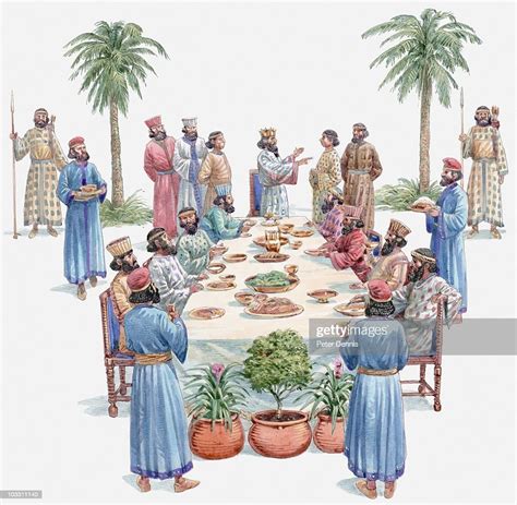 Illustration Of King Xerxes At Banquet With Vassal Kings After Having